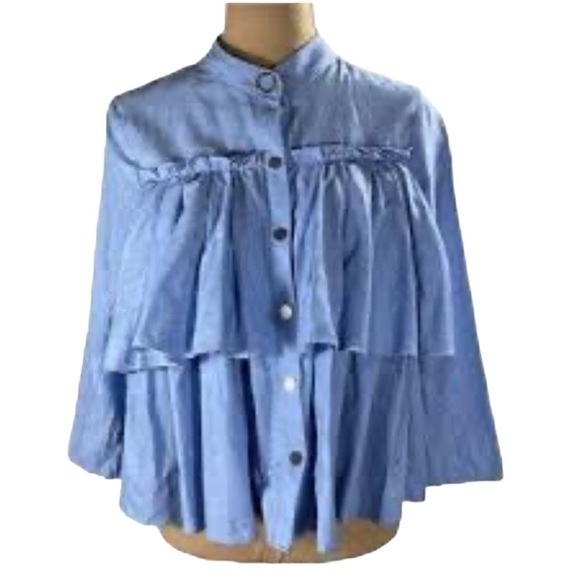ZARA Chambray Blue Ruffled Tiered Babydoll Top Snap Front Cropped Sz M - Picture 5 of 12